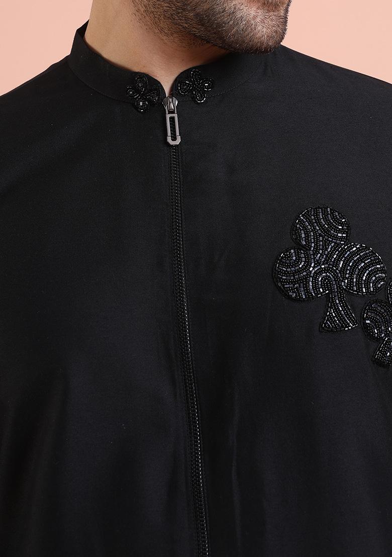 Black Solid Cotton Kurta Set For Men