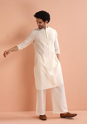 Off White Pleated Cotton Kurta Set For Men