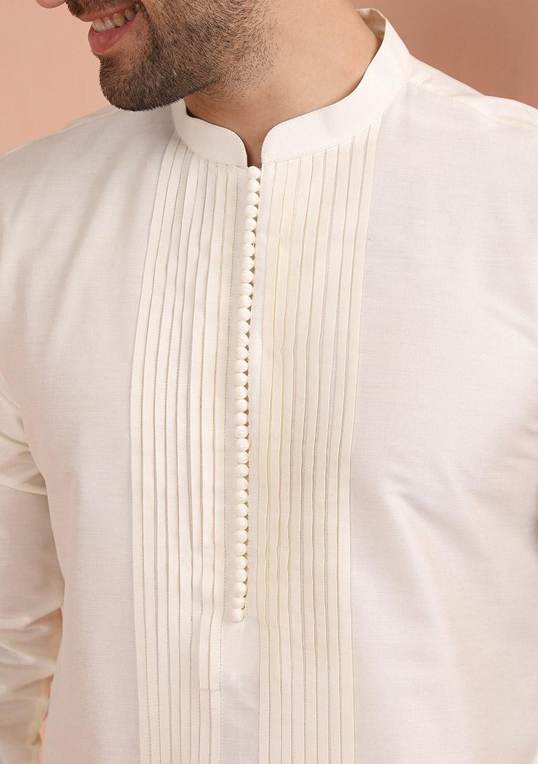 Off White Pleated Cotton Kurta Set For Men