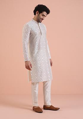 Off White Printed Cotton Kurta Set For Men