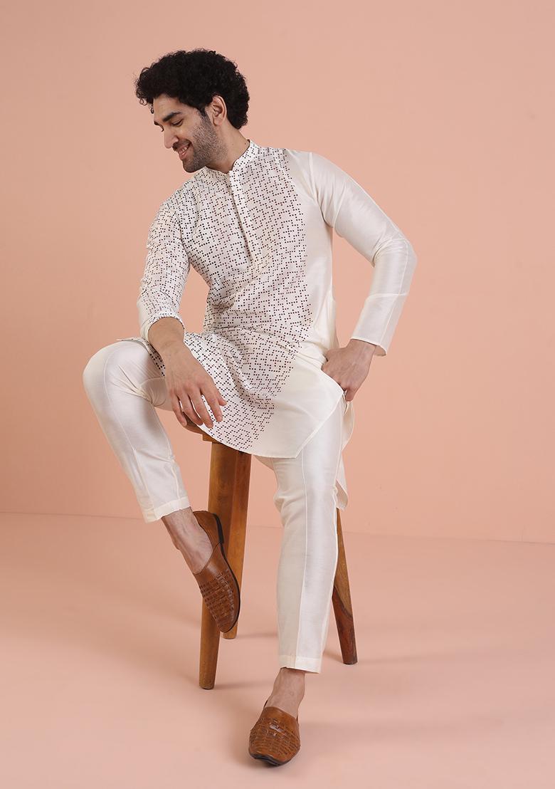 Off White Printed Cotton Kurta Set For Men