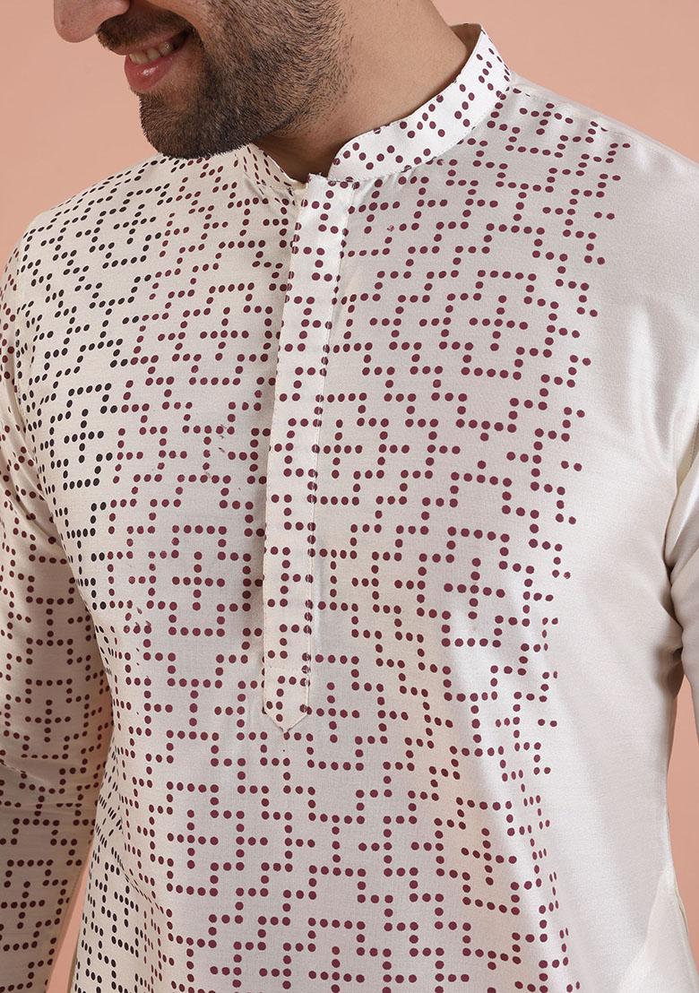 Off White Printed Cotton Kurta Set For Men