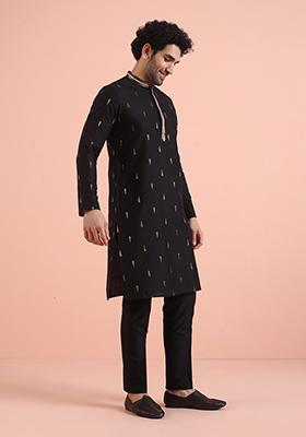 Black Embroidered Silk Kurta Set For Men
