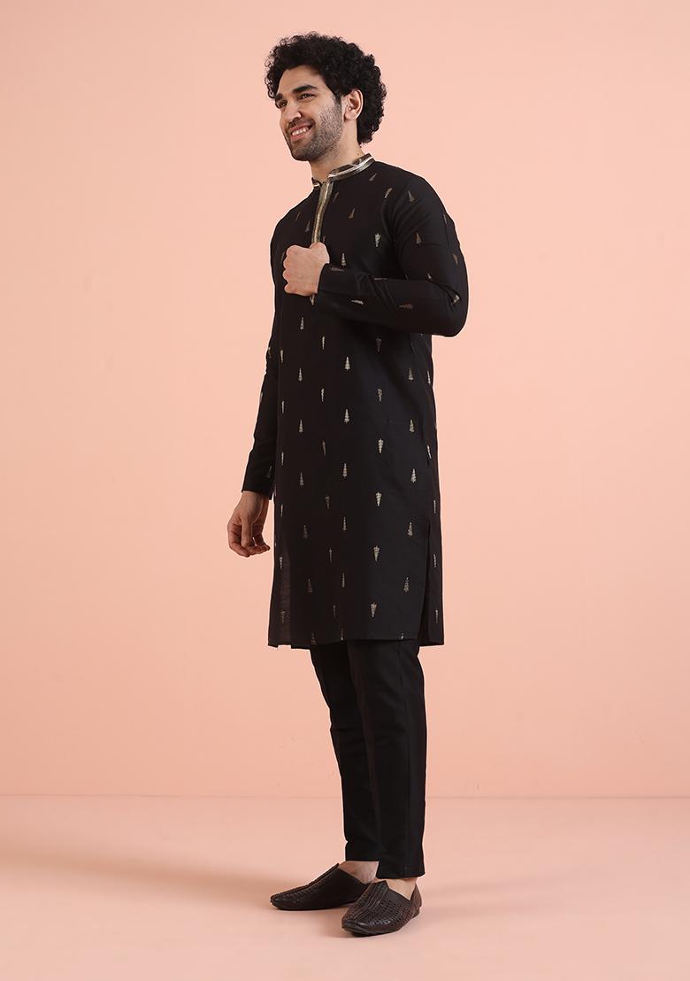 Black Embroidered Silk Kurta Set For Men