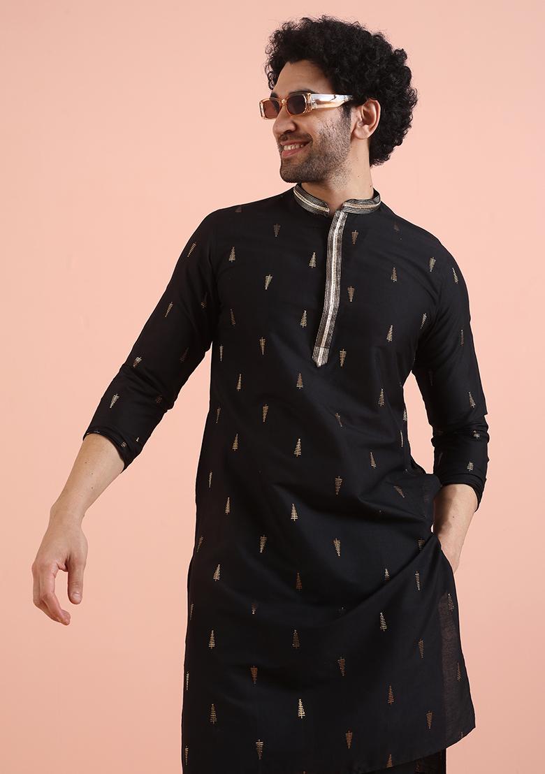 Black Embroidered Silk Kurta Set For Men