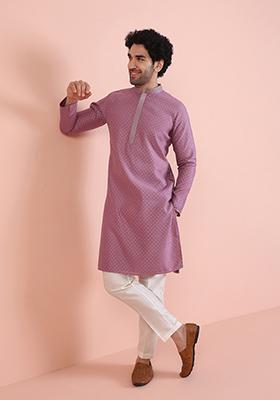 Mauve Embroidered Silk Kurta Set For Men