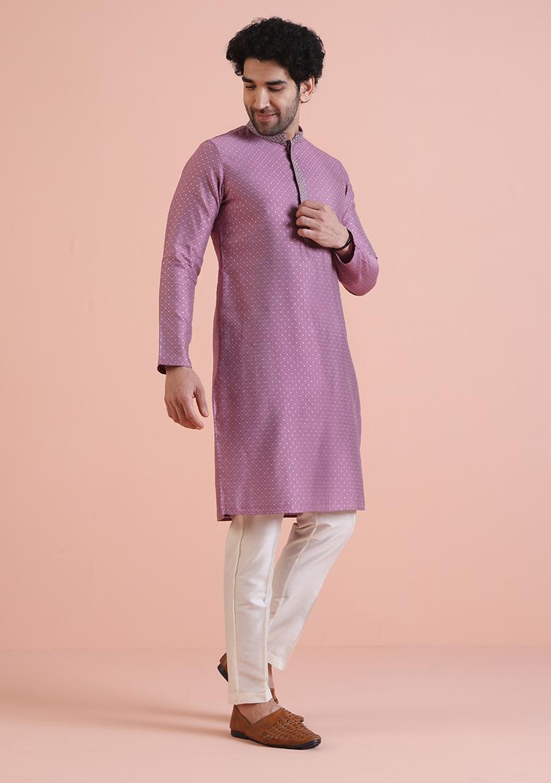 Mauve Embroidered Silk Kurta Set For Men