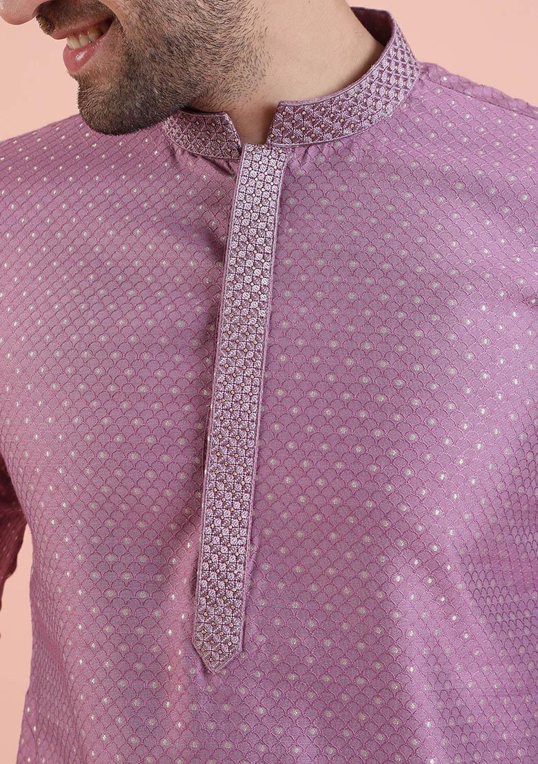 Mauve Embroidered Silk Kurta Set For Men