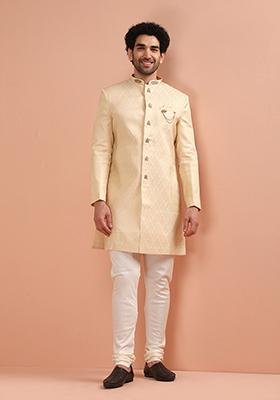 Cream Embroidered Silk Indo Western Sherwani Set For Men
