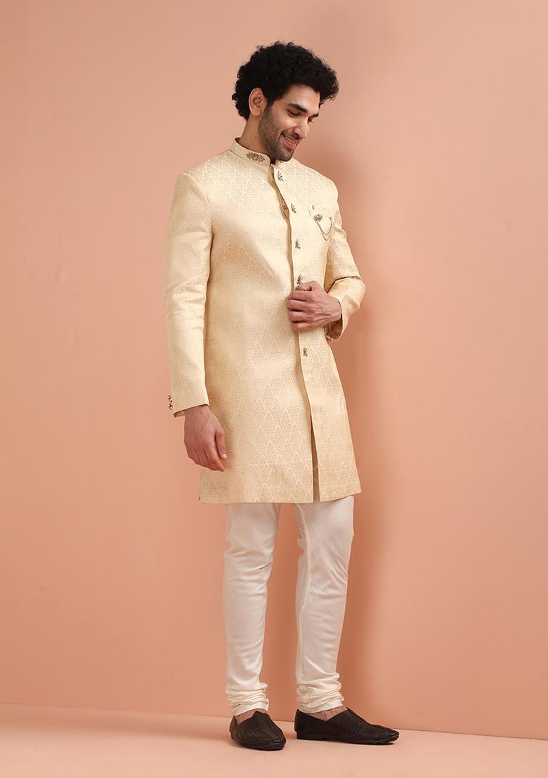 Cream Embroidered Silk Indo Western Sherwani Set For Men