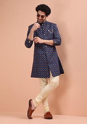 Navy Blue Printed Cotton Indo Western Sherwani Set For Men