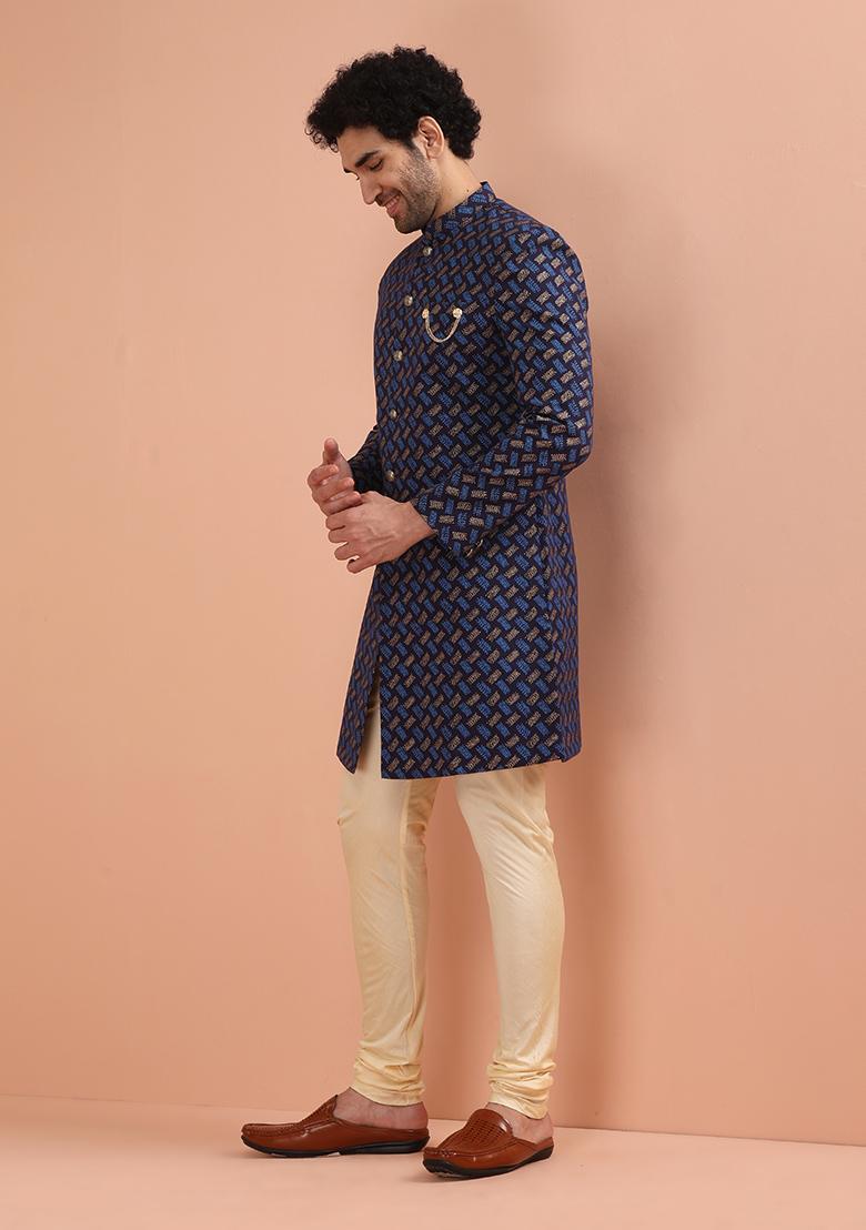 Navy Blue Printed Cotton Indo Western Sherwani Set For Men