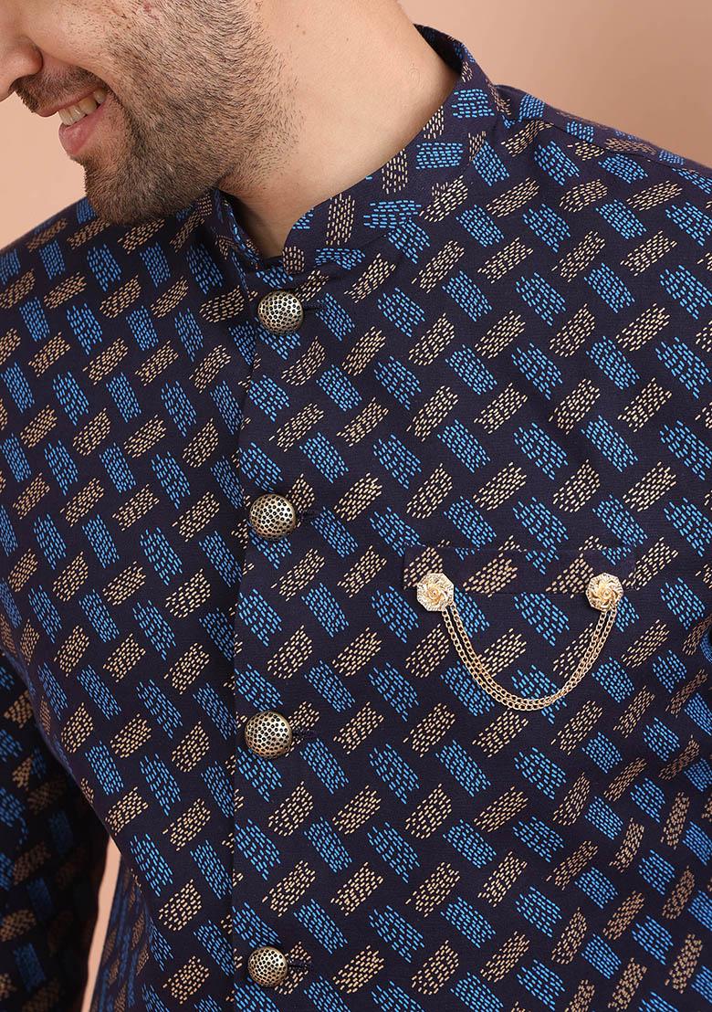 Navy Blue Printed Cotton Indo Western Sherwani Set For Men