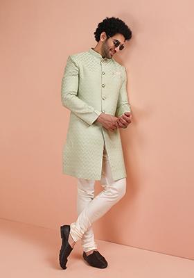 Green Embroidered Silk Indo Western Sherwani Set For Men