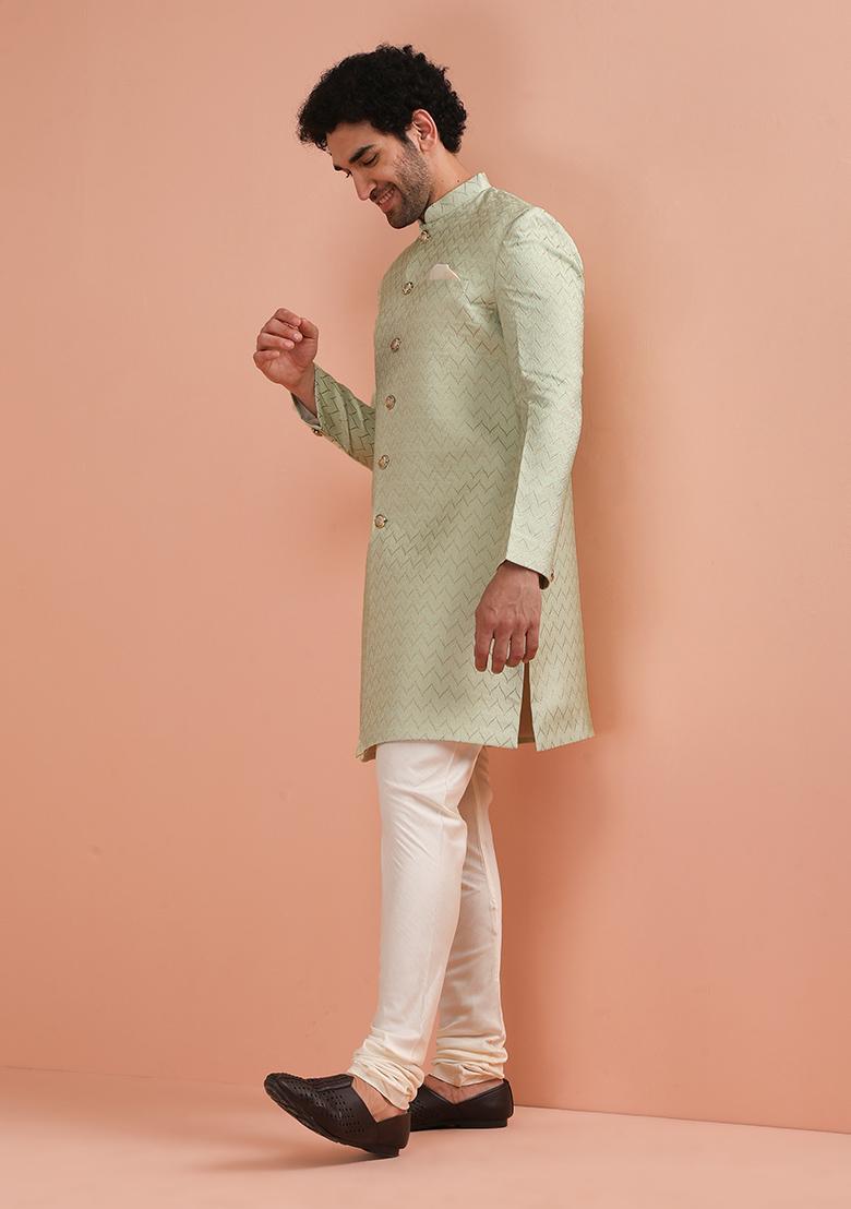 Green Embroidered Silk Indo Western Sherwani Set For Men