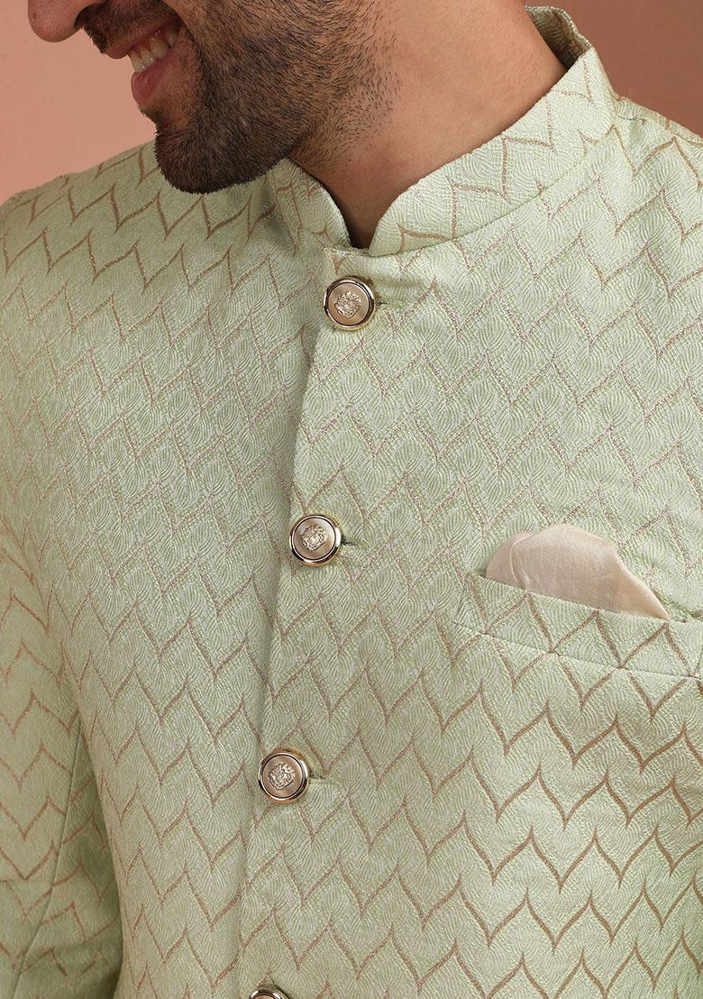 Green Embroidered Silk Indo Western Sherwani Set For Men