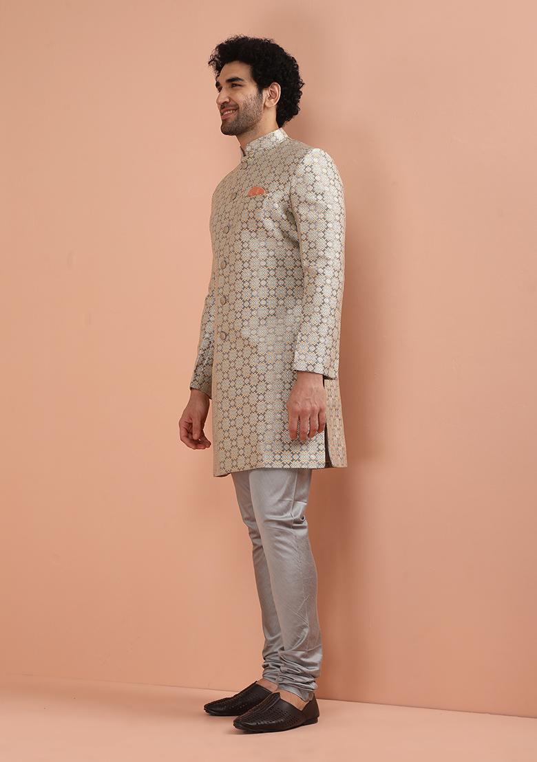 Grey Embroidered Silk Indo Western Sherwani Set For Men