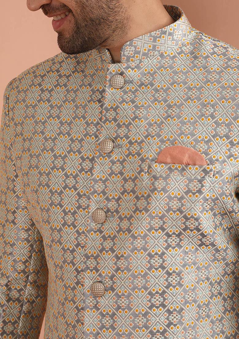 Grey Embroidered Silk Indo Western Sherwani Set For Men