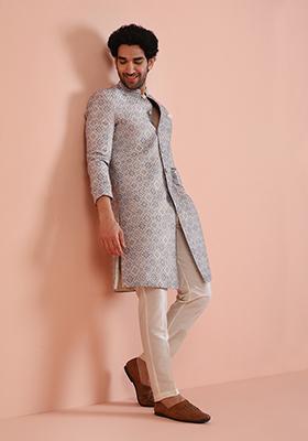 Grey Embroidered Silk Indo Western Sherwani Set For Men
