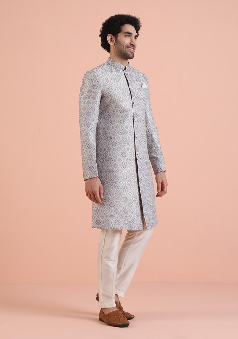 Grey Embroidered Silk Indo Western Sherwani Set For Men