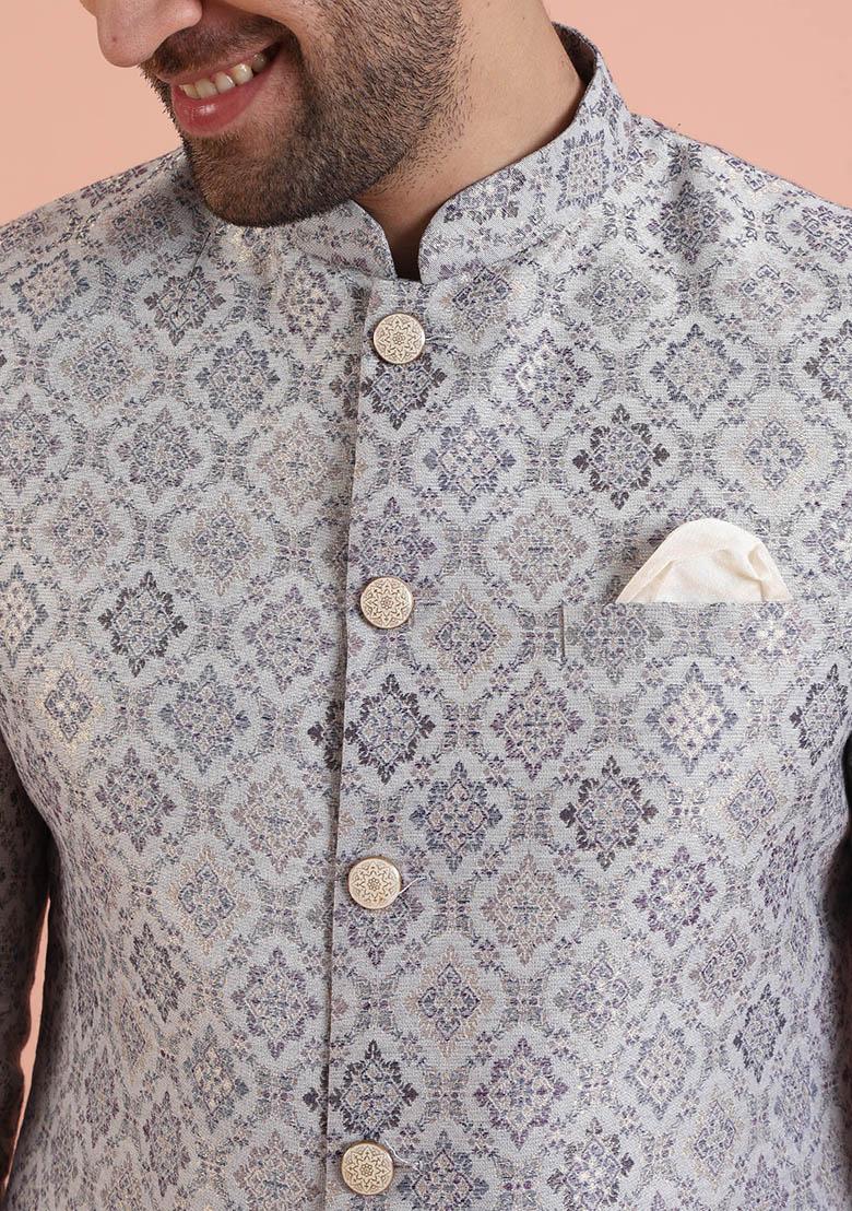 Grey Embroidered Silk Indo Western Sherwani Set For Men