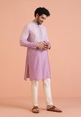 Purple Embellished Cotton Kurta For Men