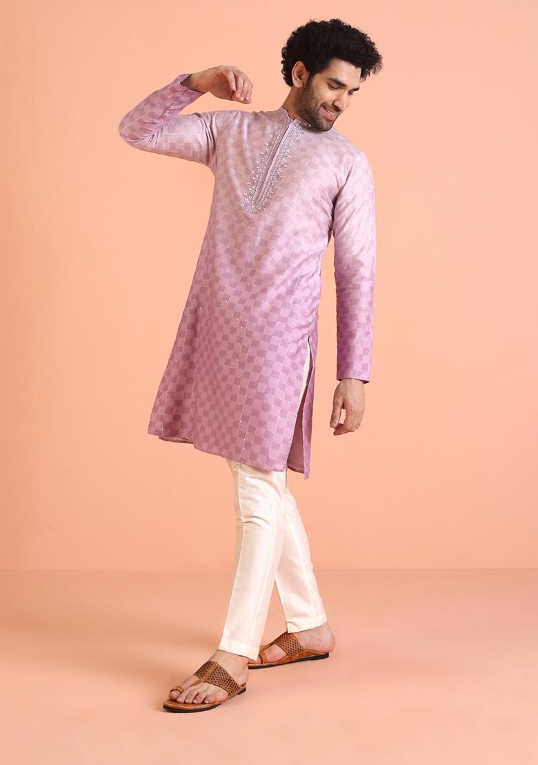 Purple Embellished Cotton Kurta For Men