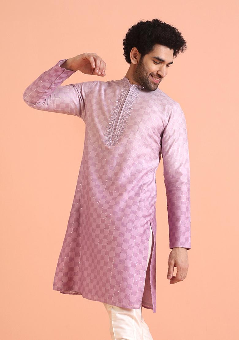 Purple Embellished Cotton Kurta For Men