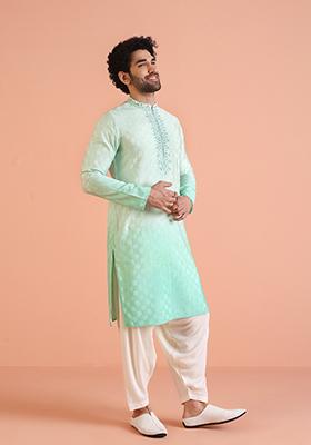 Green Embellished Cotton Kurta For Men