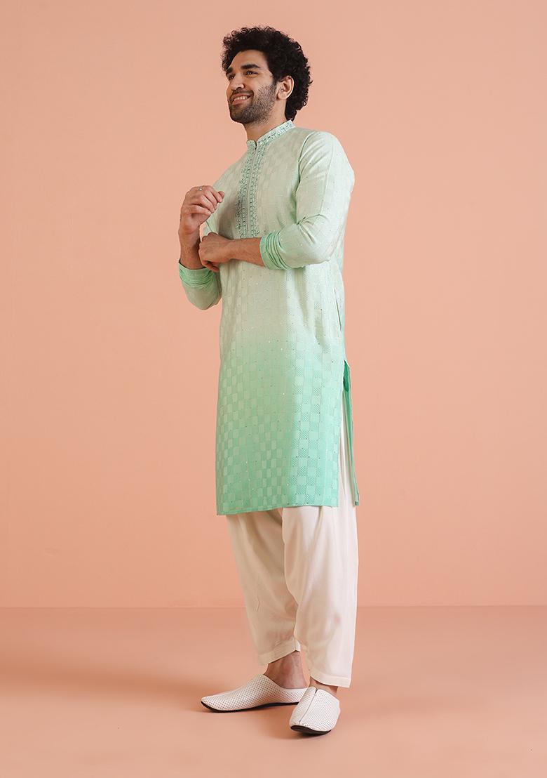 Green Embellished Cotton Kurta For Men
