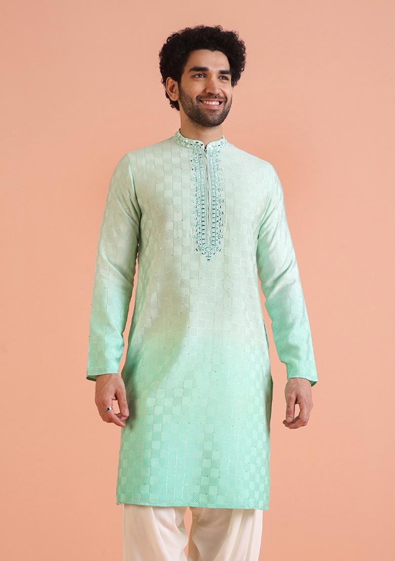 Green Embellished Cotton Kurta For Men