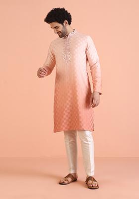 Peach Embellished Cotton Kurta For Men