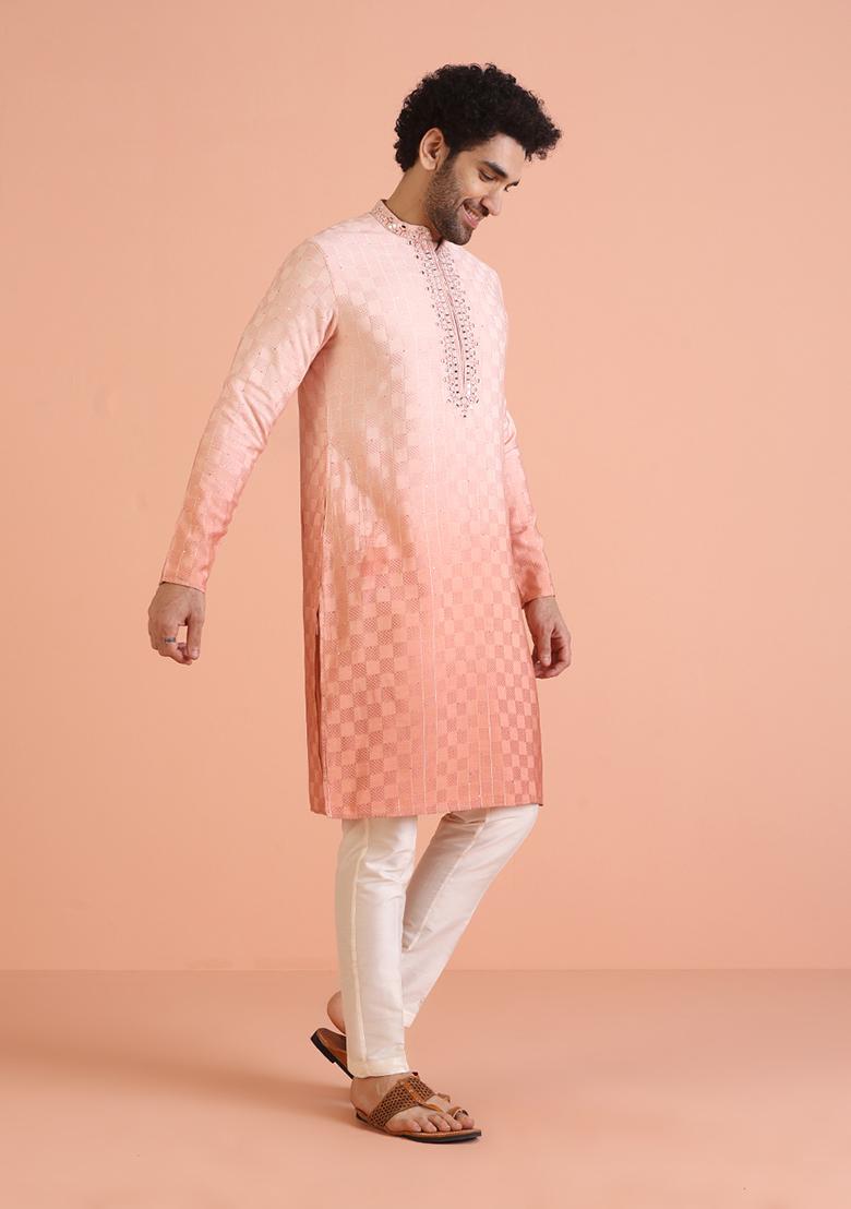 Peach Embellished Cotton Kurta For Men