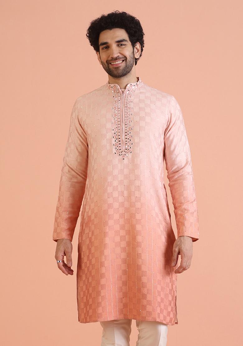 Peach Embellished Cotton Kurta For Men