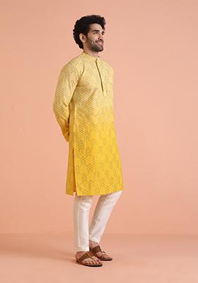 Yellow Embellished Cotton Kurta For Men