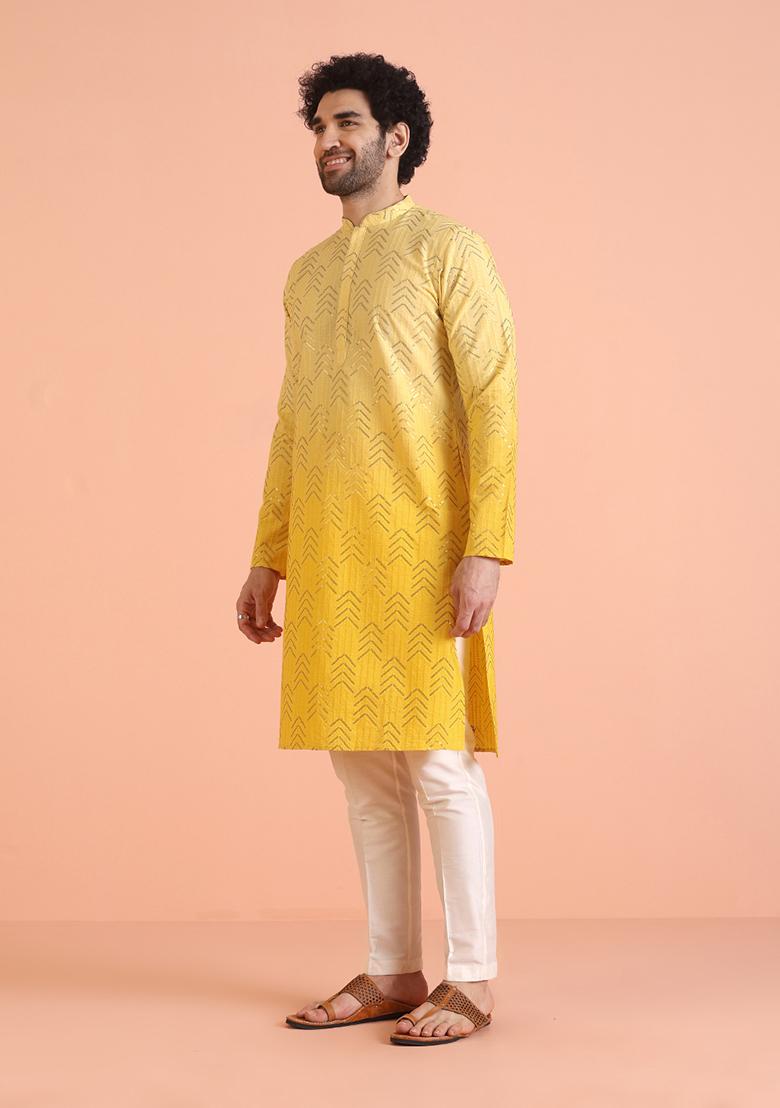 Yellow Embellished Cotton Kurta For Men