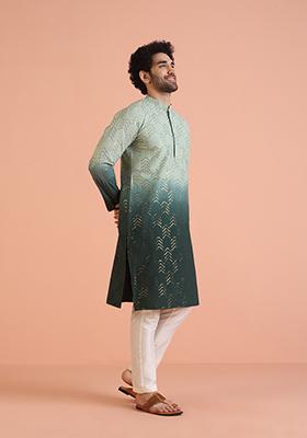 Green Embellished Cotton Kurta For Men