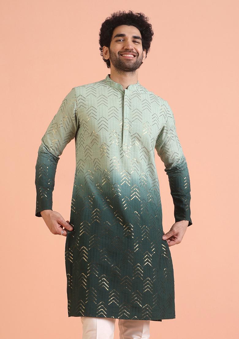 Green Embellished Cotton Kurta For Men