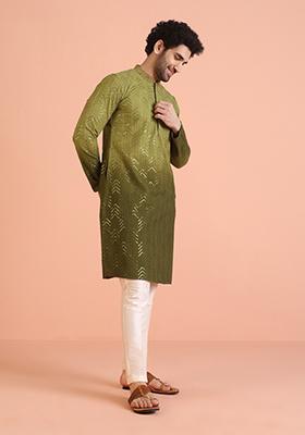 Green Embellished Cotton Kurta For Men