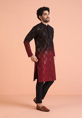 Maroon Embellished Cotton Kurta For Men