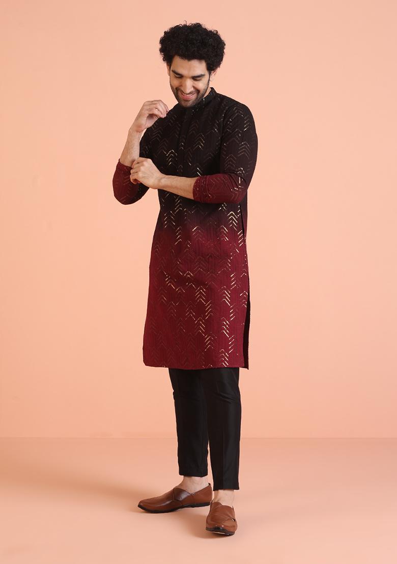 Maroon Embellished Cotton Kurta For Men