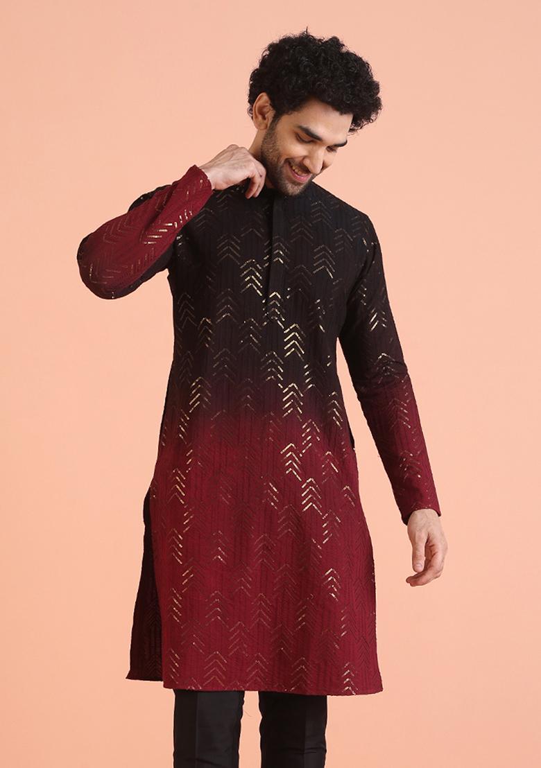 Maroon Embellished Cotton Kurta For Men
