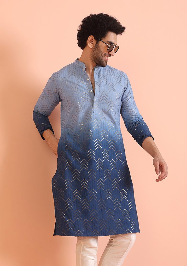 Blue Embellished Cotton Kurta For Men