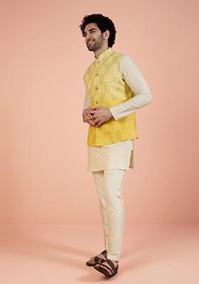 Yellow Embellished Cotton Nehru Jacket For Men