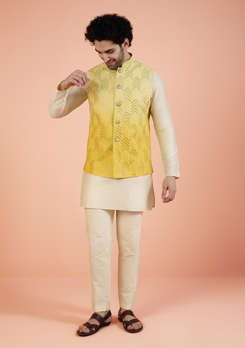 Yellow Embellished Cotton Nehru Jacket For Men