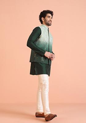 Green Embellished Cotton Nehru Jacket For Men