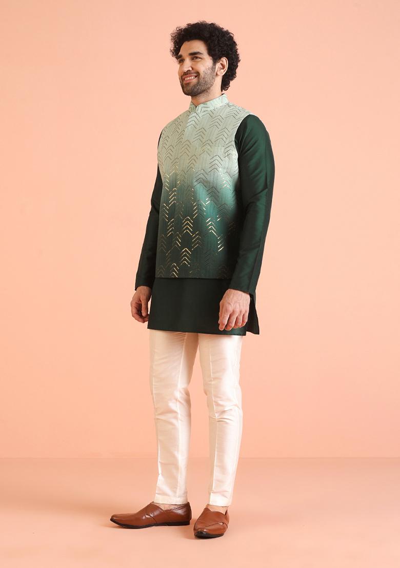 Green Embellished Cotton Nehru Jacket For Men