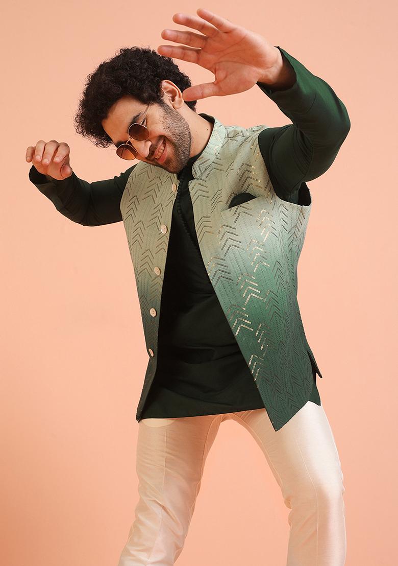 Green Embellished Cotton Nehru Jacket For Men
