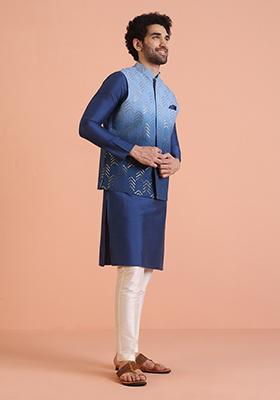 Blue Embellished Cotton Nehru Jacket For Men