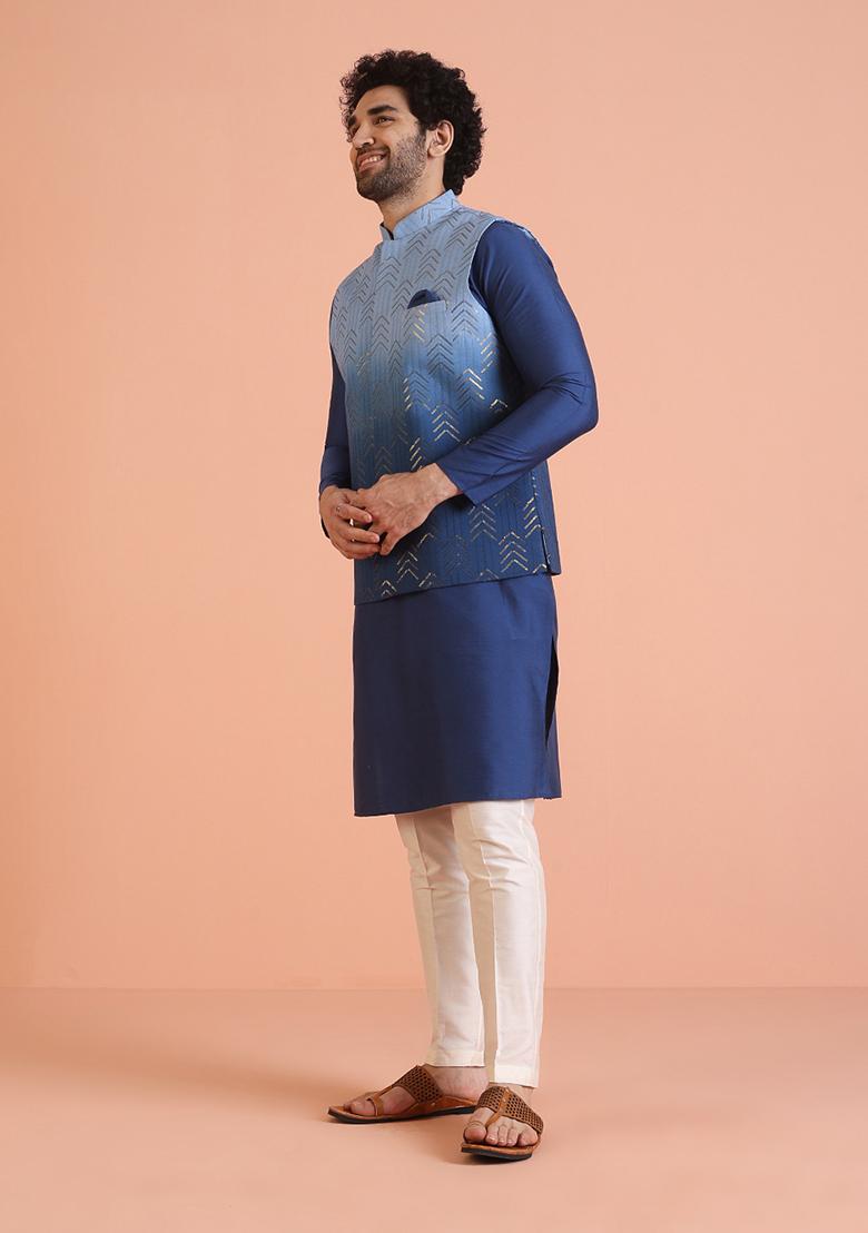 Blue Embellished Cotton Nehru Jacket For Men